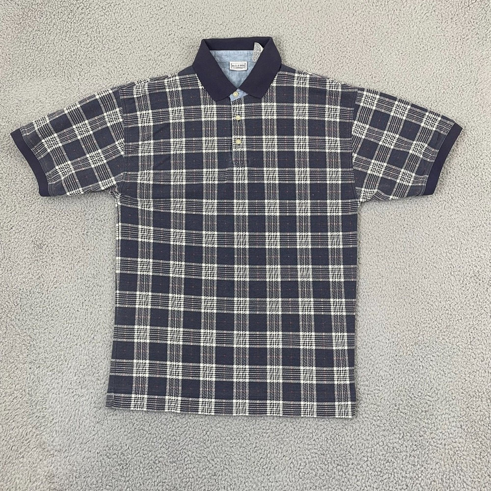 Vintage Bugle Boy Polo Men M Navy Plaid Preppy Short Sleeve Shirt